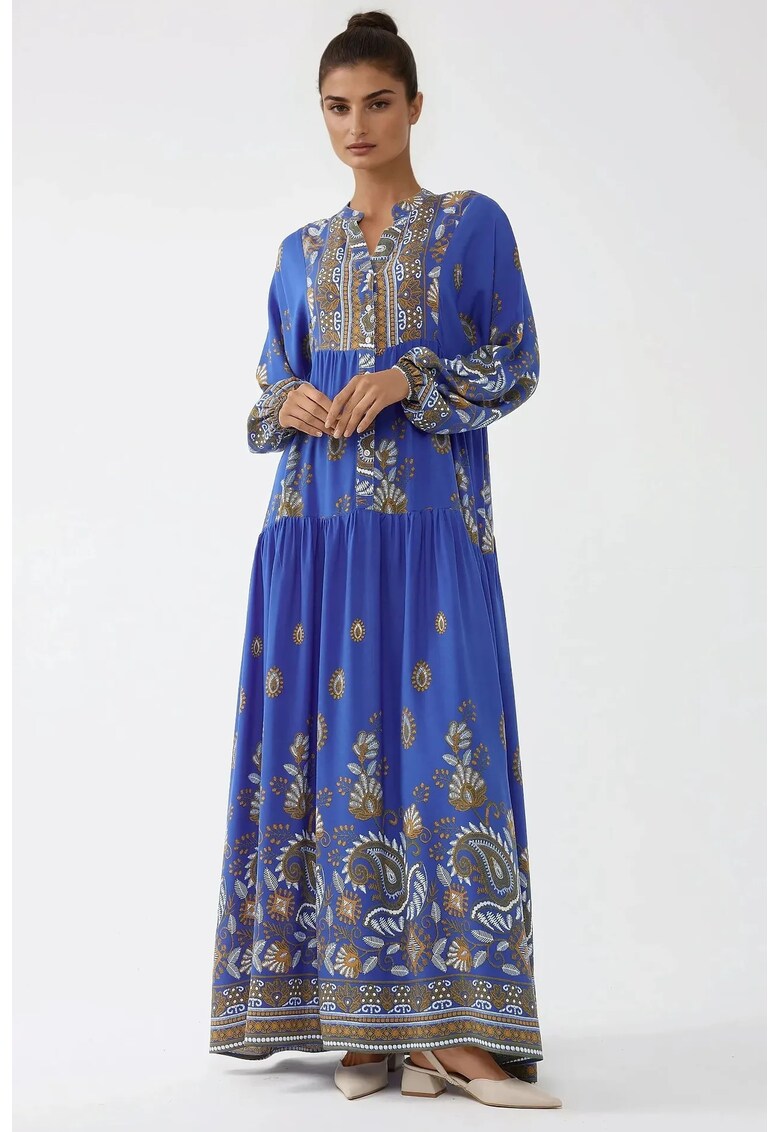 Rochie maxi maneca lunga - albastra - viscoza