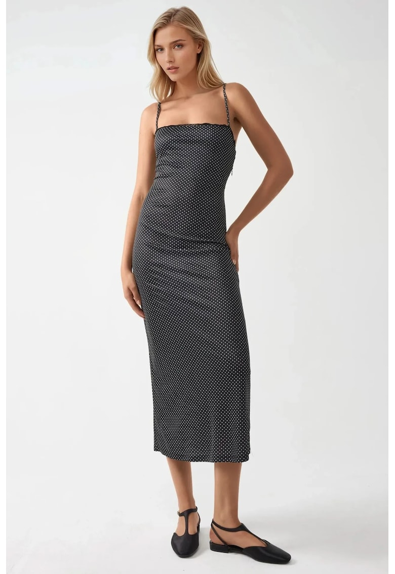 Rochie maxi guler patrat - detalii din dantela - neagra - jerseu