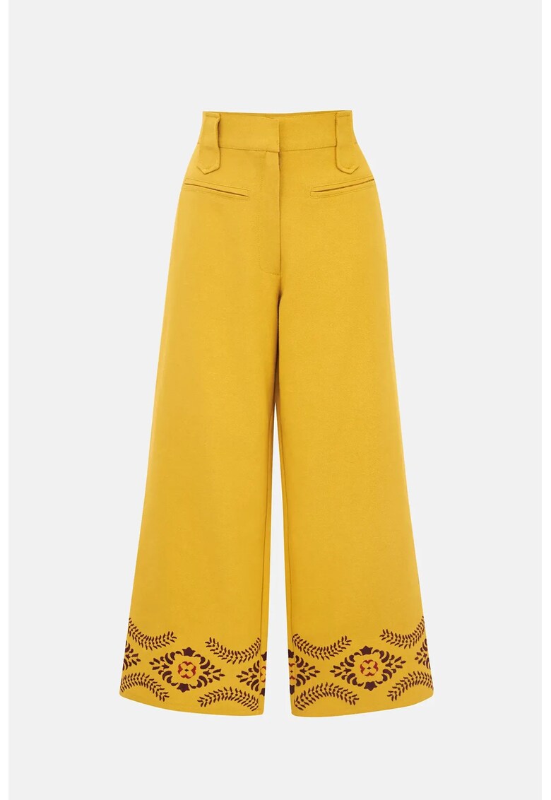 Pantaloni dama galben cu broderie florala - Galben chihlimbar
