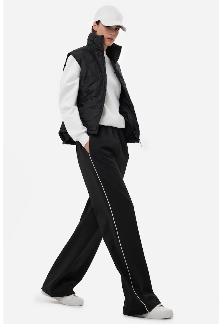Pantaloni dama - cu talie elastica lata - detalii contrastante - negru - elastan-poliester