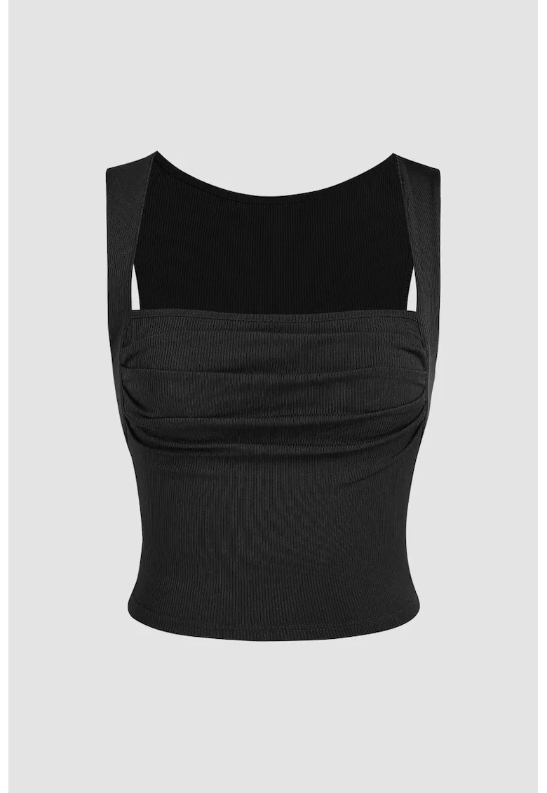 Bluza dama - cu decolteu patrat si pliuri - negru - poliester