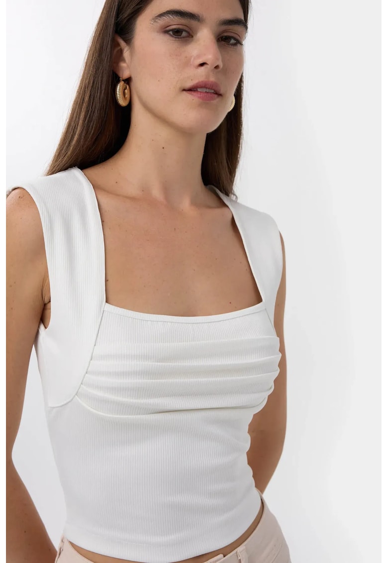 Bluza dama - decolteu patrat - pliuri - alb - poliester
