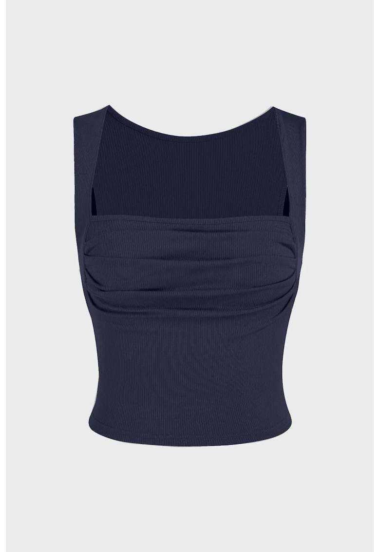 Bluza dama -  cu decolteu patrat si pliuri - albastru - poliester