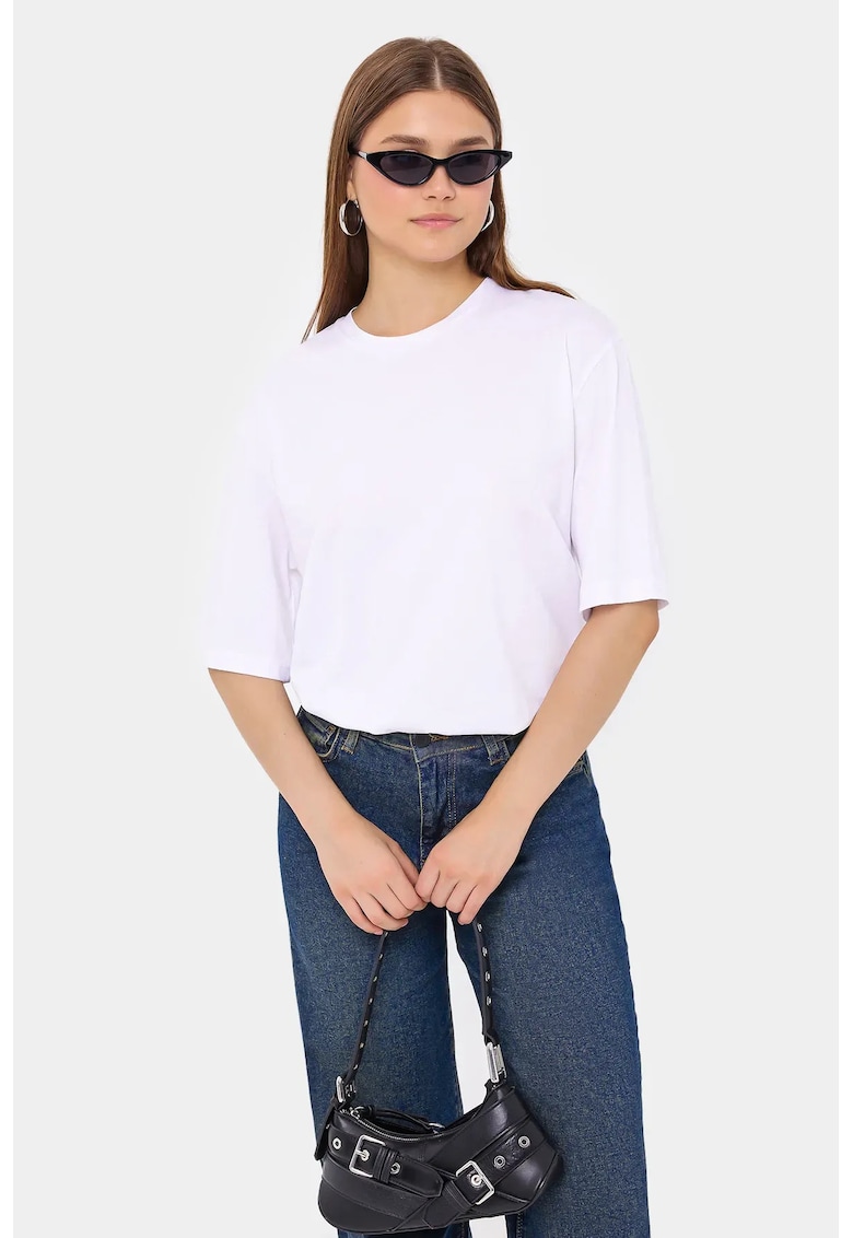 Tricou dama - simplu - guler rotund - fermoar spate - alb - bumbac