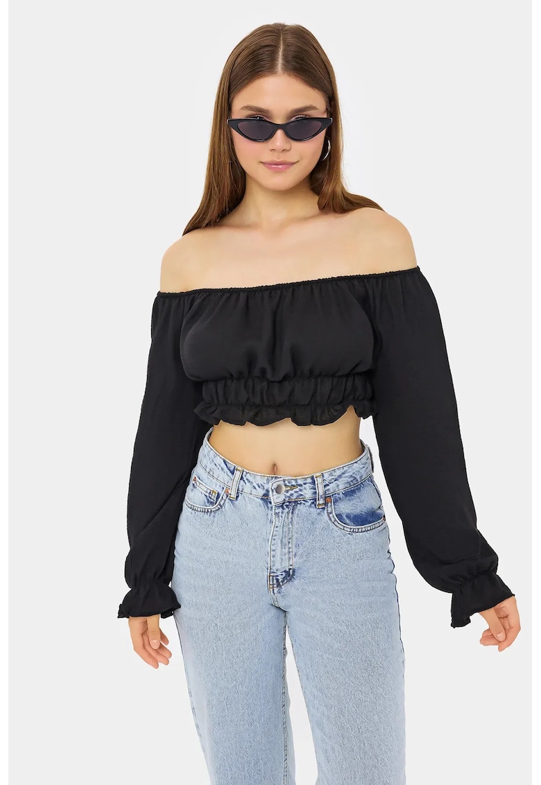 Top - top scurt din in - umeri goi - maneci lungi - negru