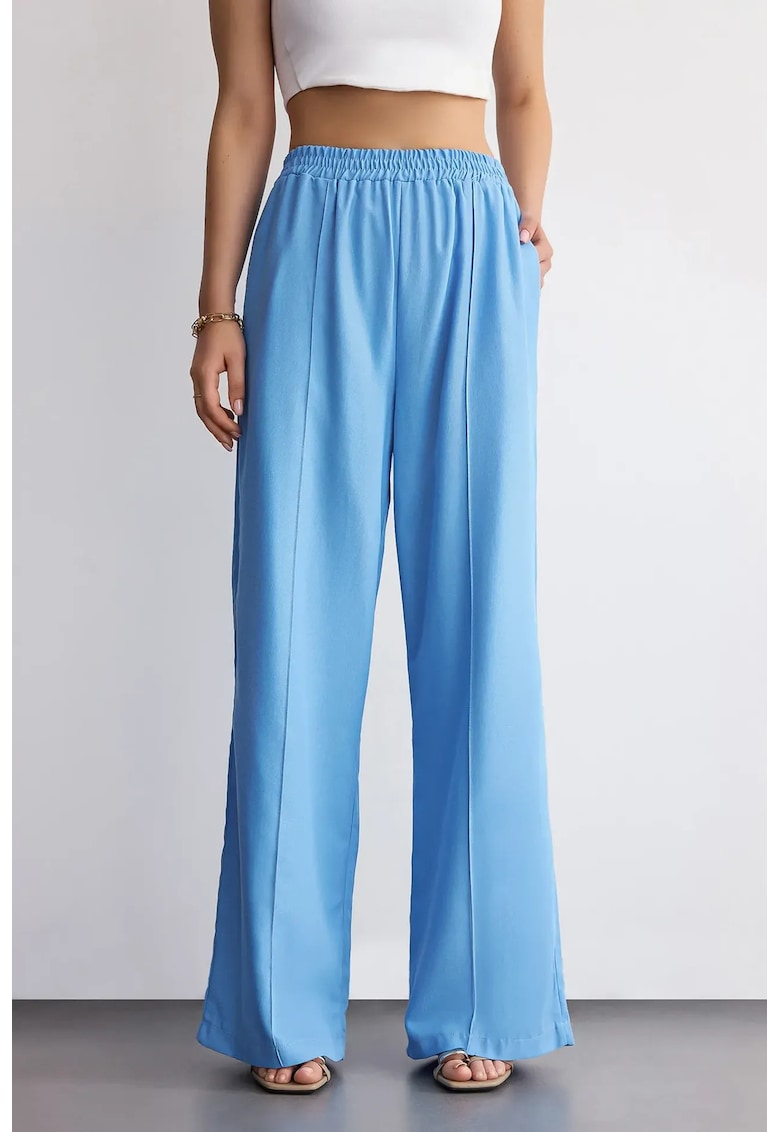 Pantaloni dama - largi din bumbac - talie inalta - Albastru