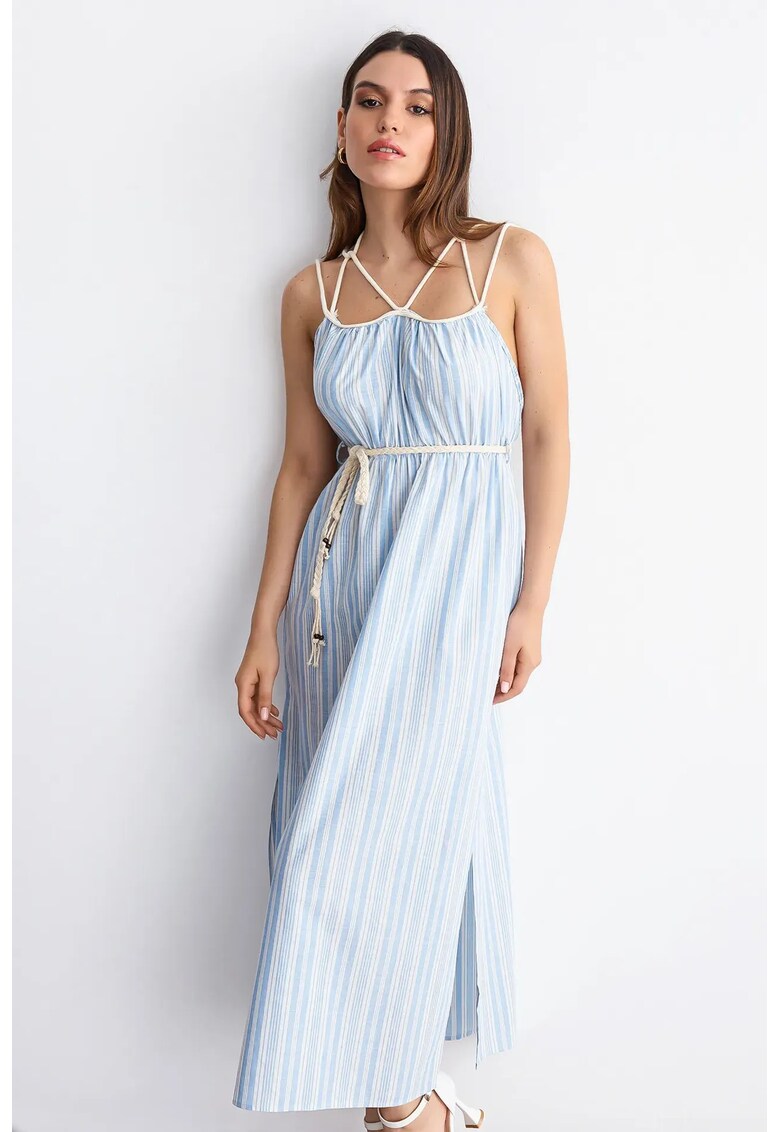 Rochie maxi - Dungi - Bretele tip spaghetti - Albastru deschis - Bumbac/Poliester