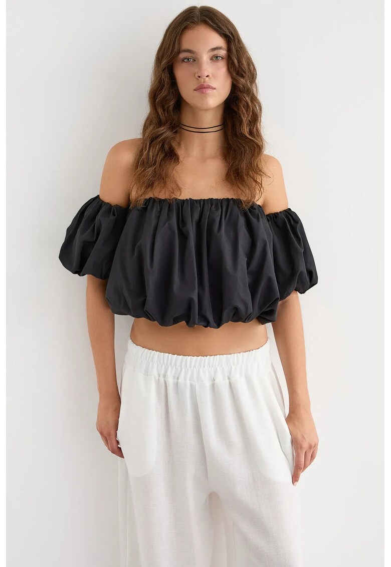 Top - top scurt cu maneca balon - negru - bumbac si poliester