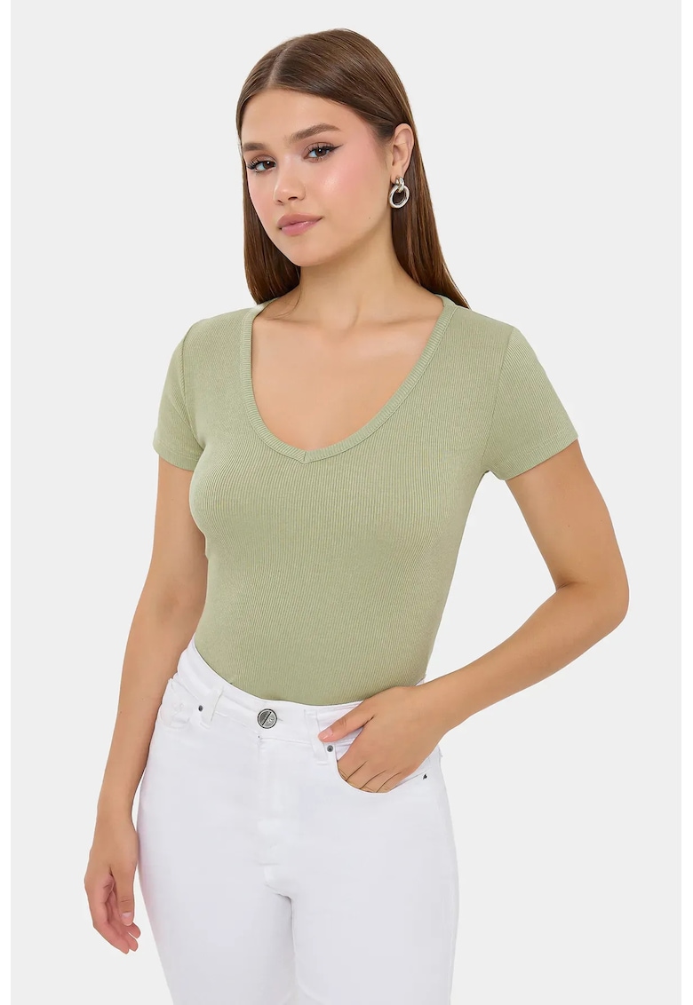 Tricou dama - Basic - maneca scurta - decolteu in V - verde - bumbac