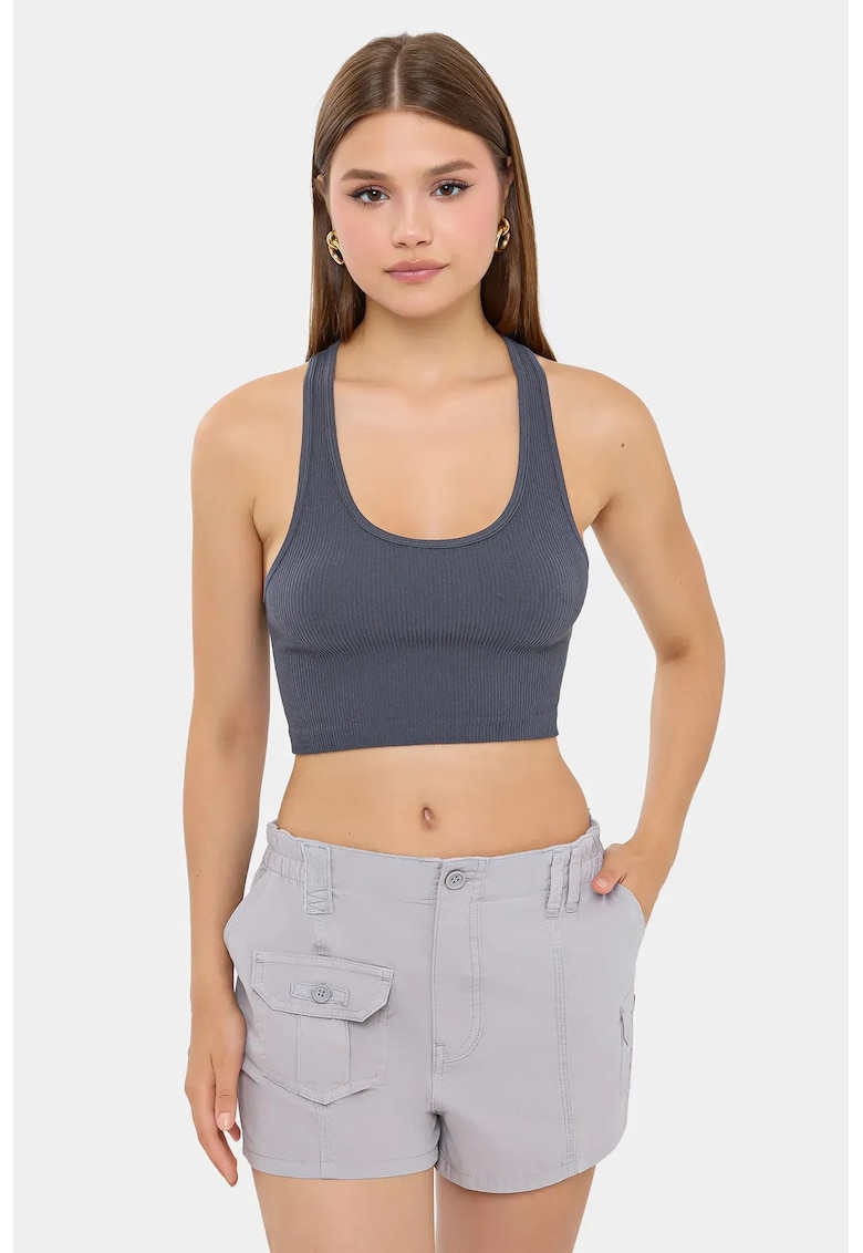 Top - scurt - decolteu halter - nervuri - gri - amestec de poliamida si elastan