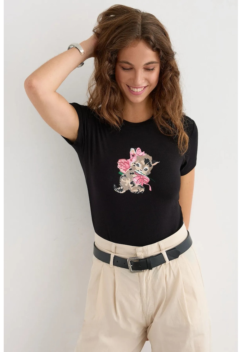 Tricou dama - simplu cu maneca scurta - imprimeu - negru - viscoza