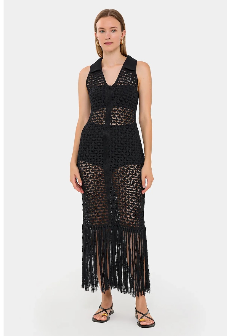 Rochie maxi - Fara maneci - Decolteu in V - Negru - Acril