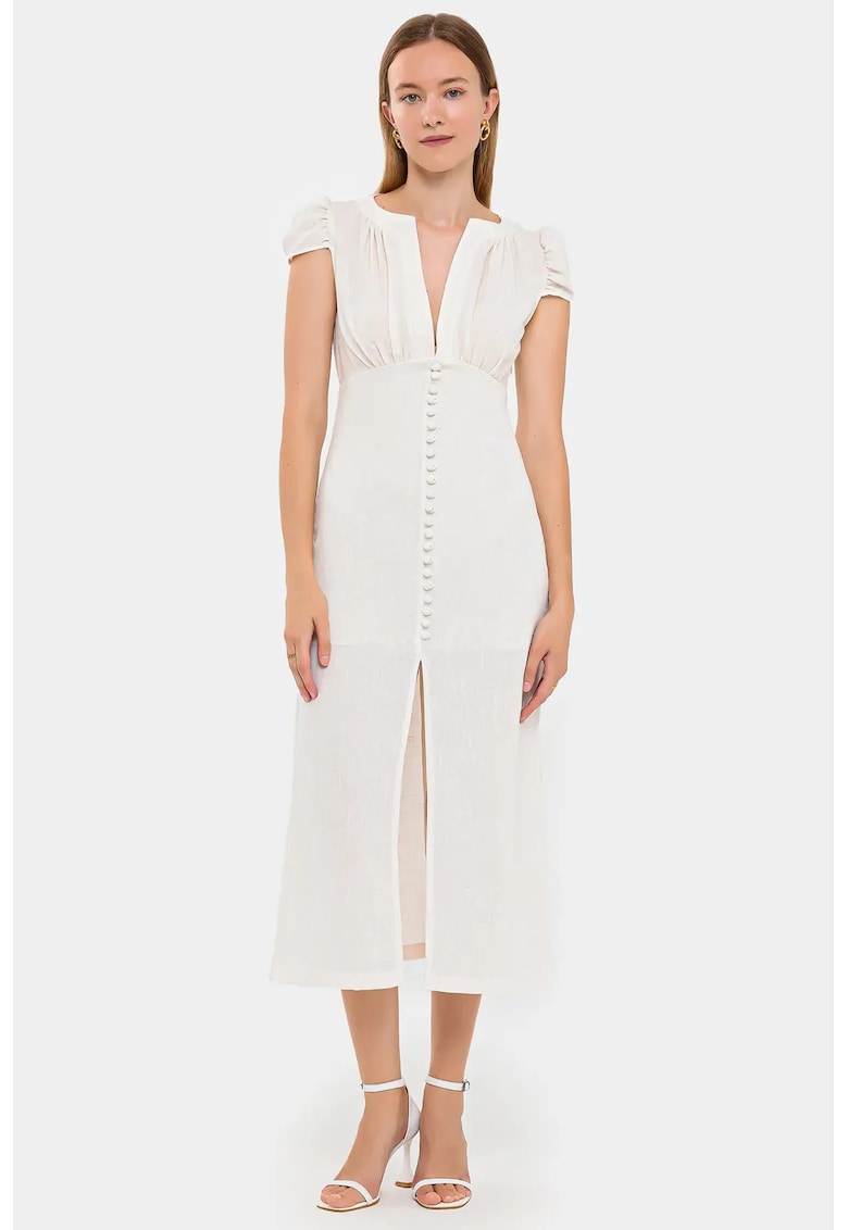Rochie midi - Cu nasturi - Maneci scurte - Alb - Poliester