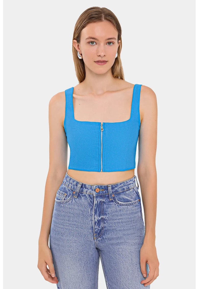 Top - top scurt fara maneci - decolteu patrat - fermoar - albastru - viscoza