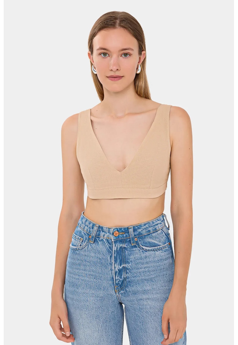Top - top scurt - decolteu in V - bej - bumbac
