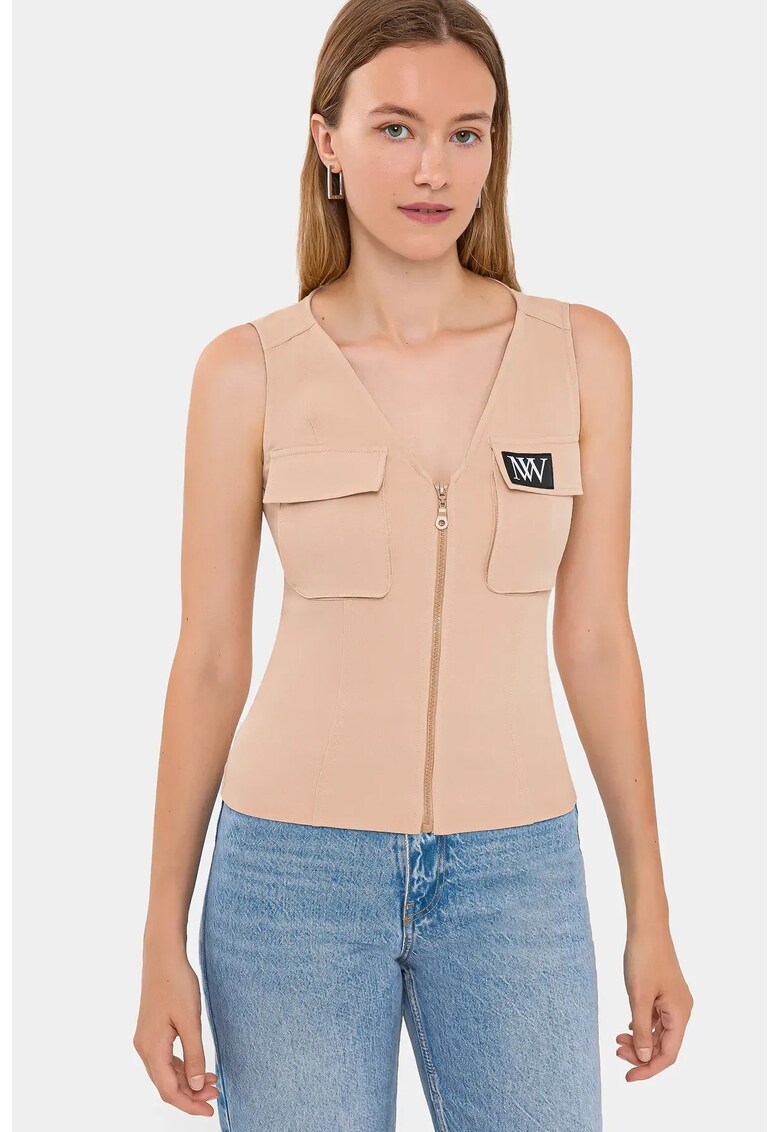 Bluza dama - vesta scurta cu decolteu in V - bej - jerseu