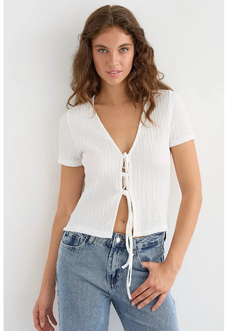 Bluza dama - maneca scurta - detalii de legat - alb - poliester si elastan