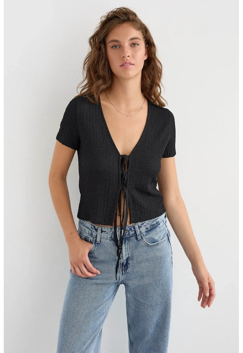 Bluza dama - maneca scurta - detalii de legat - negru - poliester si elastan