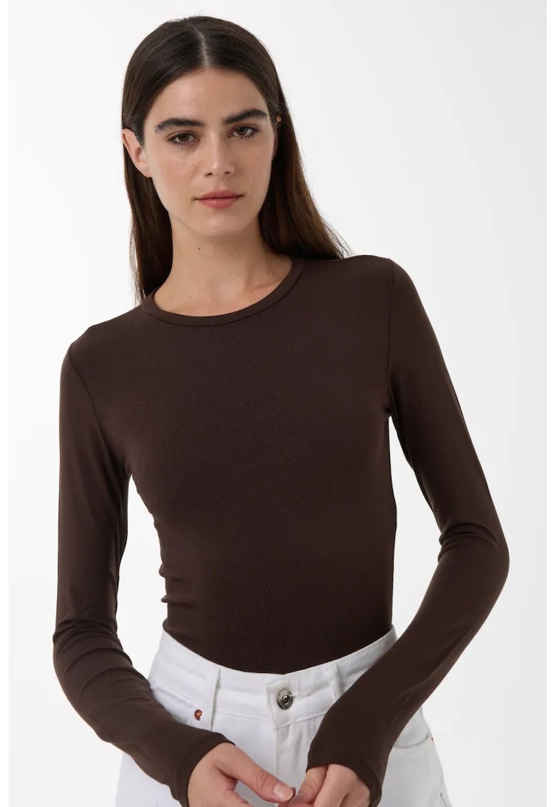 dama - top slim fit - maneca lunga - maro - bumbac - Maro