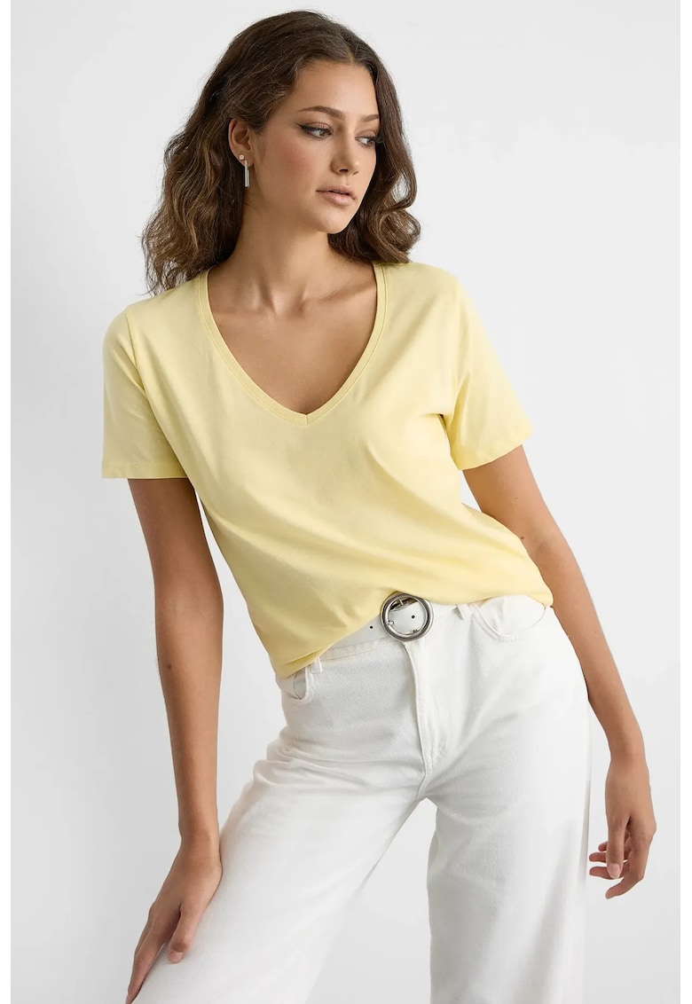 Tricou dama - bumbac - maneca scurta - decolteu in V - galben