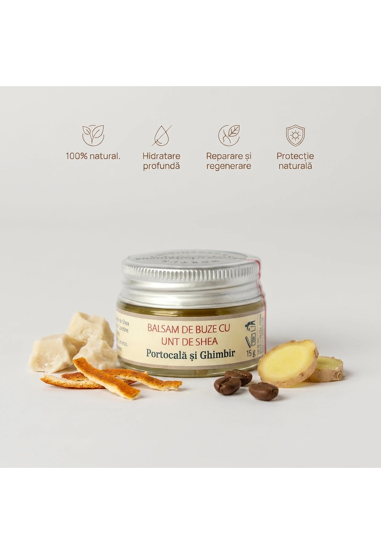 Balsam de buze cu unt de Shea - Portocala si Ghimbir 100 % natural - pentru buze uscate si crapate - hidratare si hranire profunda - formulat din unturi - uleiuri si extracte botanice