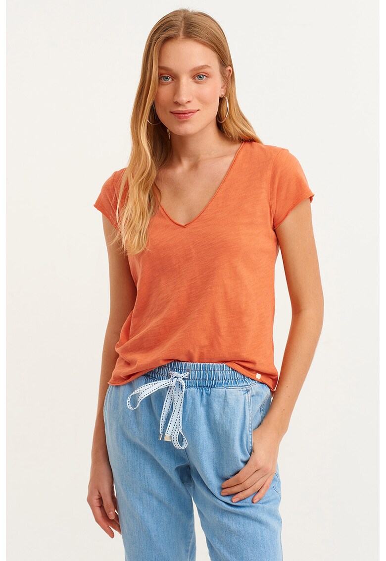 Tricou de bumbac cu decolteu in V - Portocaliu pal