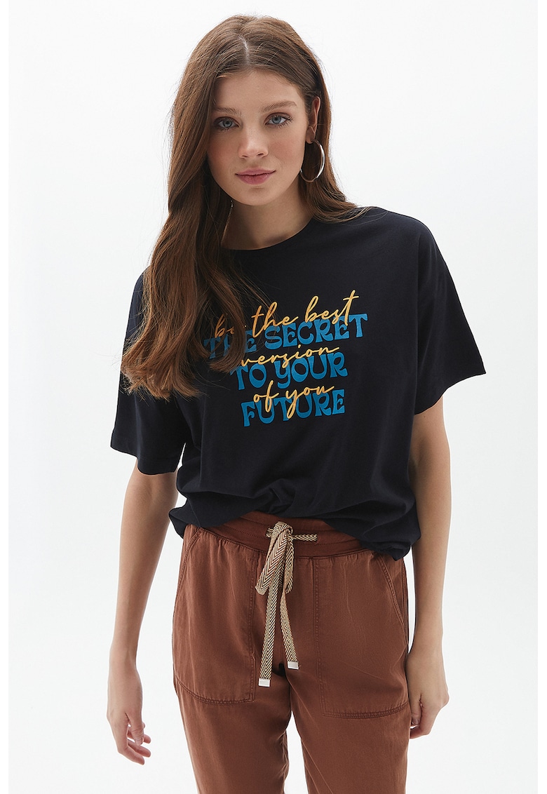 Tricou de bumbac cu imprimeu text - Negru/Portocaliu pal/Albastru royal