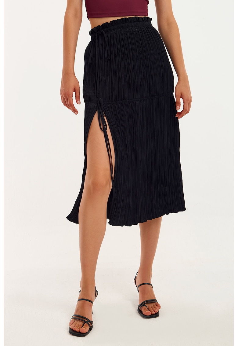 Fusta midi cu prinderi laterale si aspect plisat