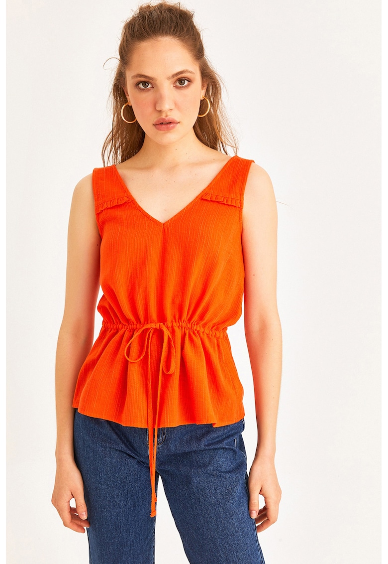 Top din amestec de in cu decolteu in V