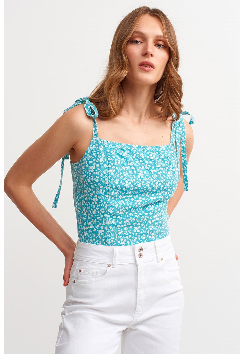 Top crop cu decolteu patrat - Alb/Albastru azur