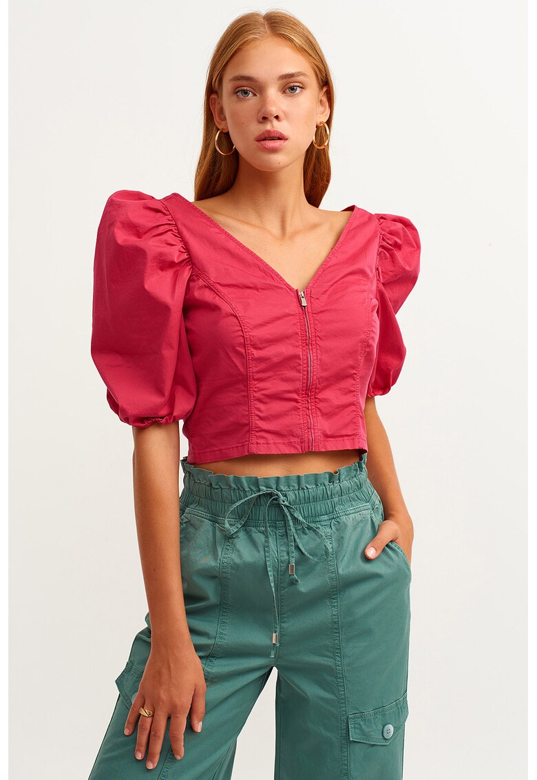 Bluza crop cu decolteu in V - Roz aprins