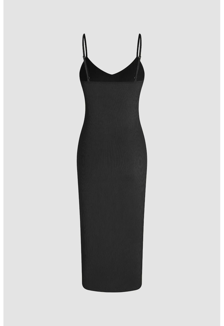 Rochie midi - Decolteu in V - Bretele subtiri - Negru - Poliester/Elastan