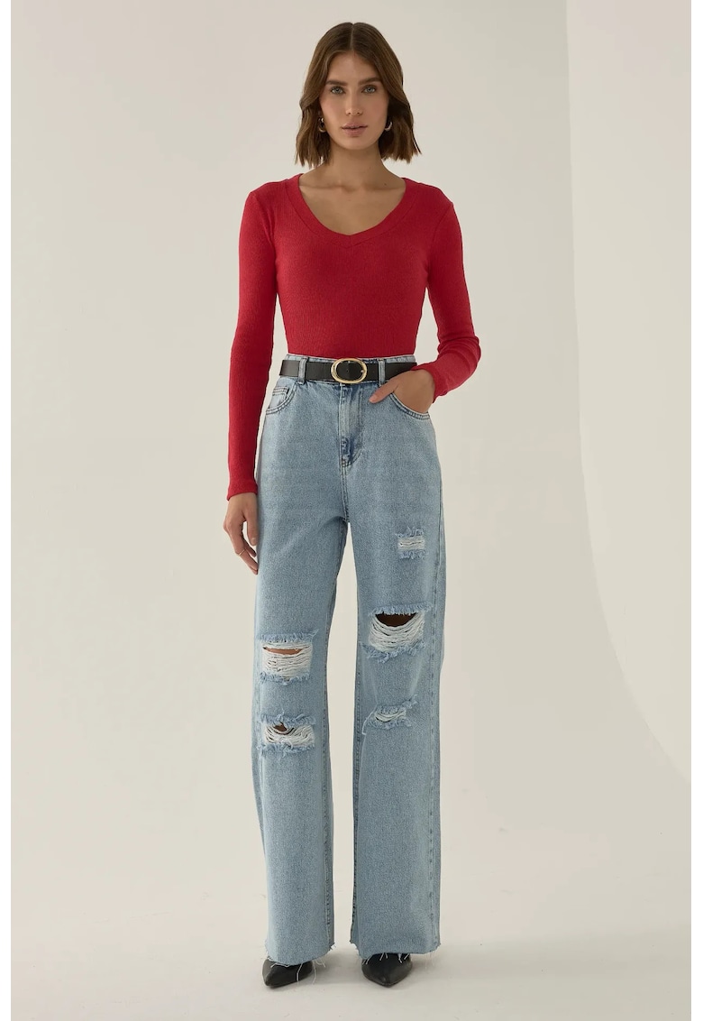 Blugi largi dama bumbac - talie inalta - Albastru