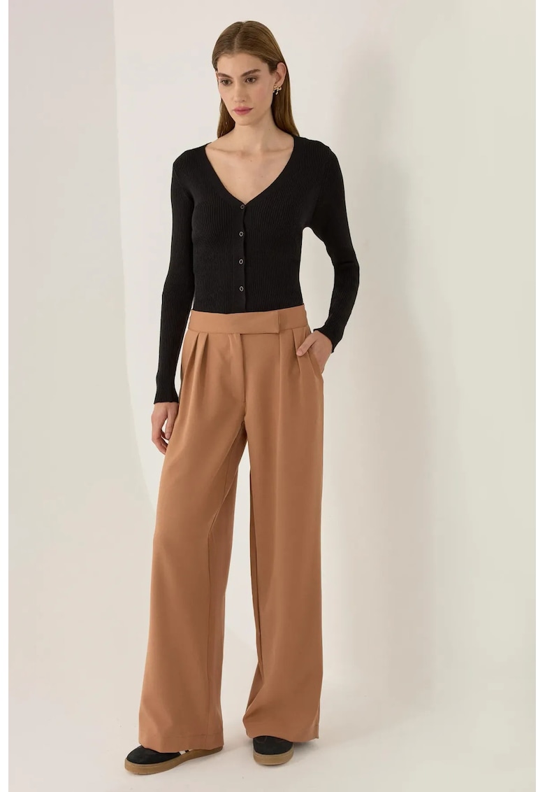 Pantaloni dama - cu talie inalta - maro - poliester-elastan