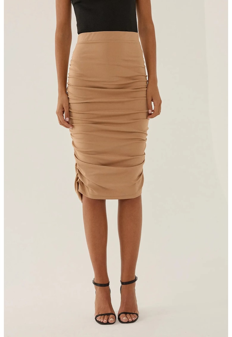 Fusta midi cu pliuri dama poliester/elastan - bej