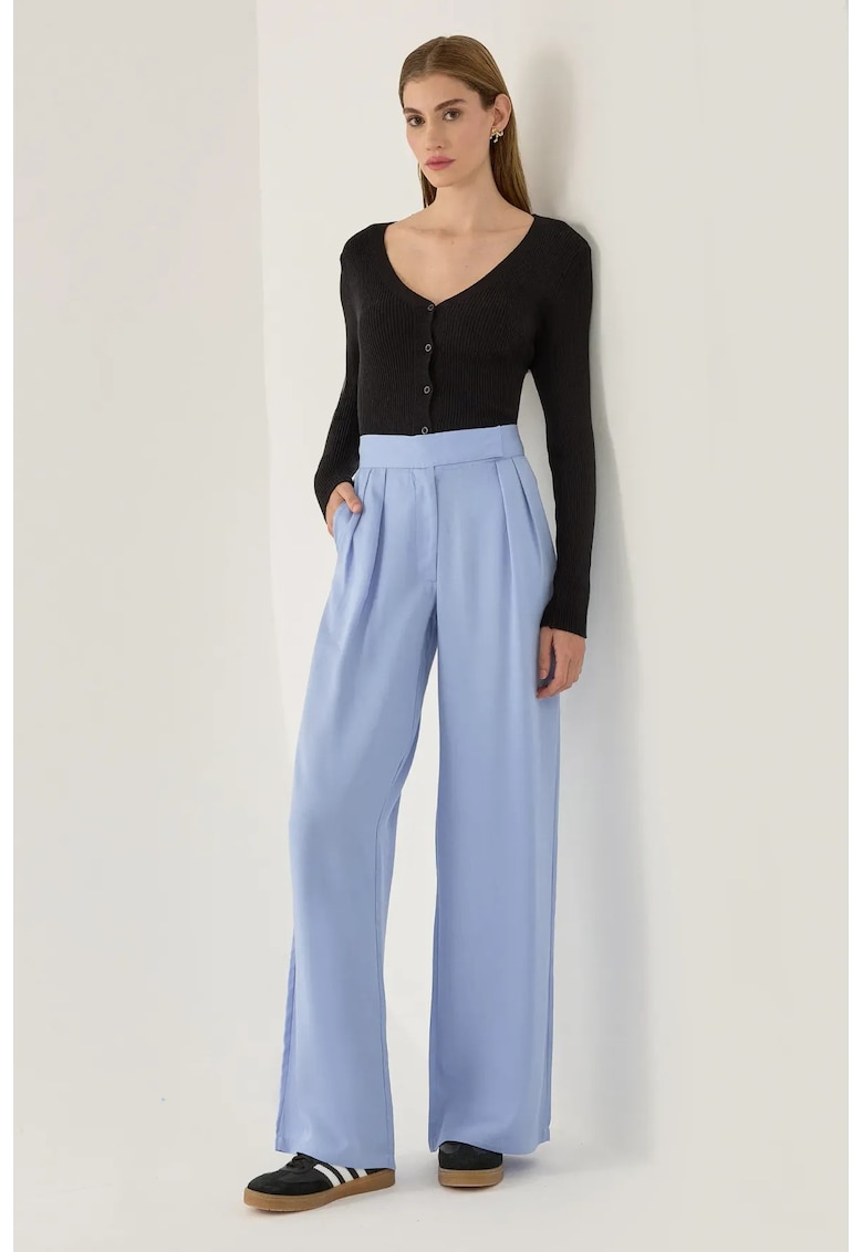 Pantaloni dama - cu dantela - talie inalta - albastri - lyocell