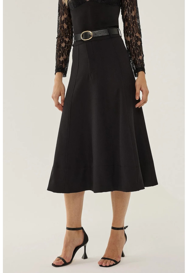 Fusta midi dama poliester/elastan - talie inalta - negru