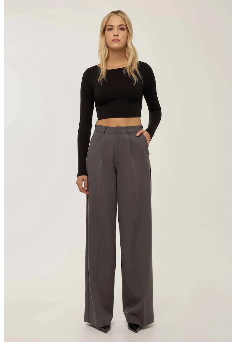 Pantaloni dama - largi cu talie inalta - gri - amestec poliester-elastan -