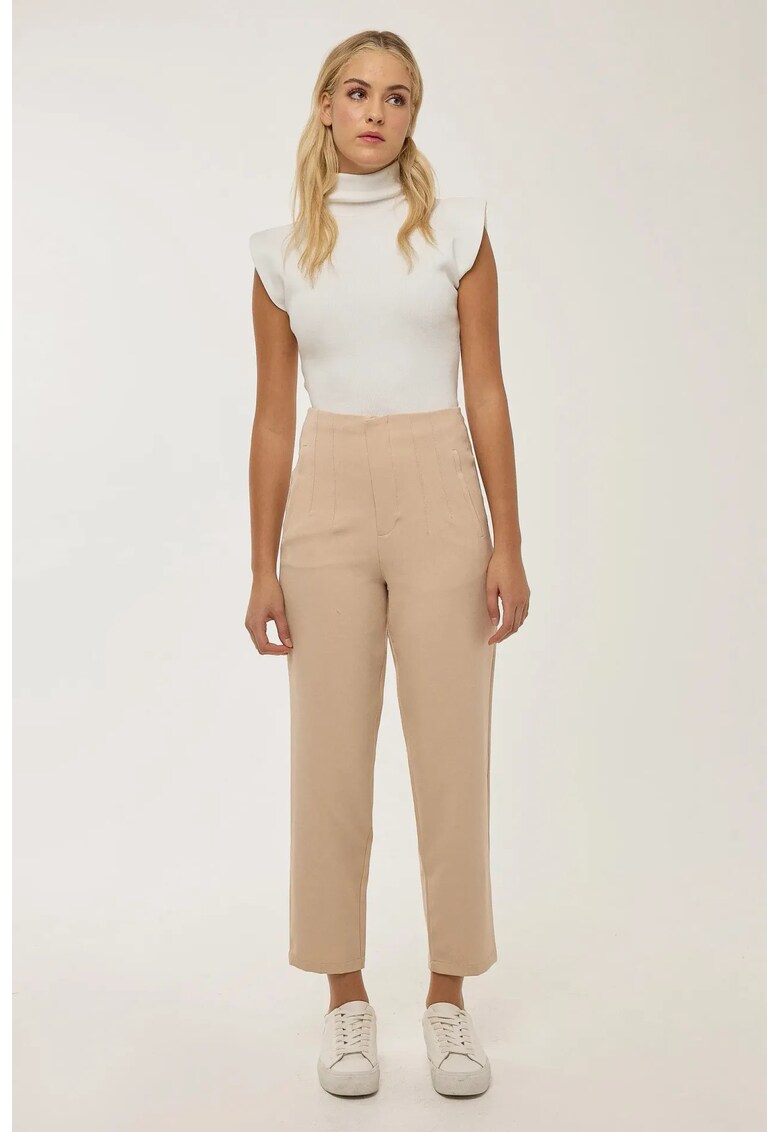 Pantaloni dama - cu talie inalta - natur - textil
