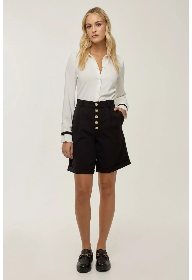 Pantaloni scurti dama midi plisati - talie inalta - negru - poliester