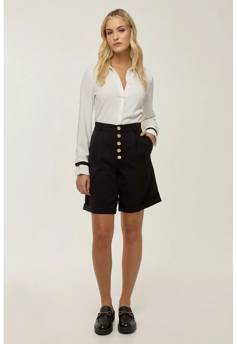 Pantaloni scurti dama midi plisati - talie inalta - negru - poliester