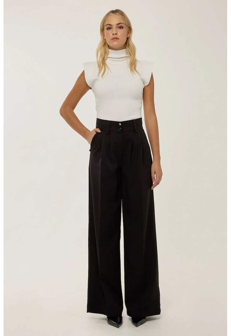 HiCCUP Pantaloni dama - cu talie dubla - croiala larga - negru - poliester-elastan