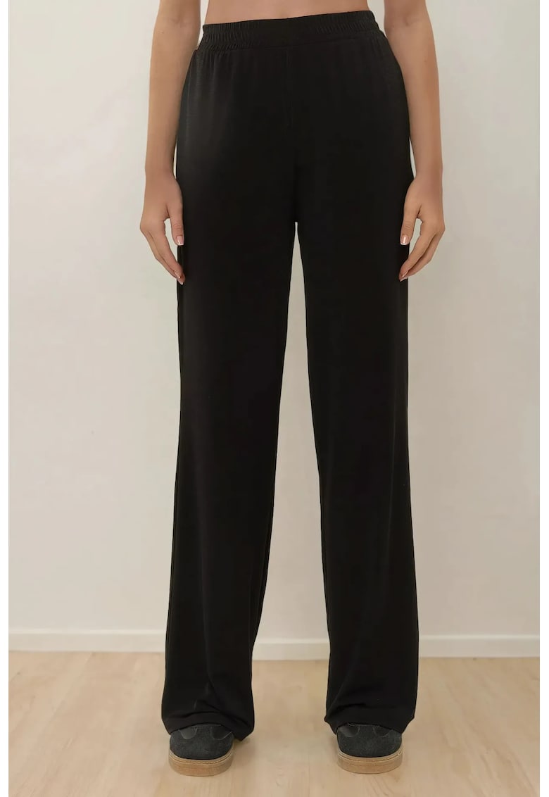 Pantaloni dama - cu talie elastica - negru - poliester si elastan