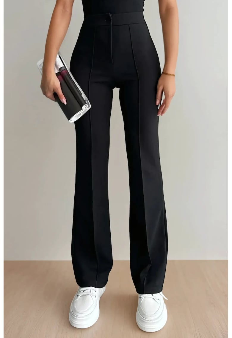 Pantaloni dama - Palazzo evazati - talie inalta - dungi - negru - poliester-elastan