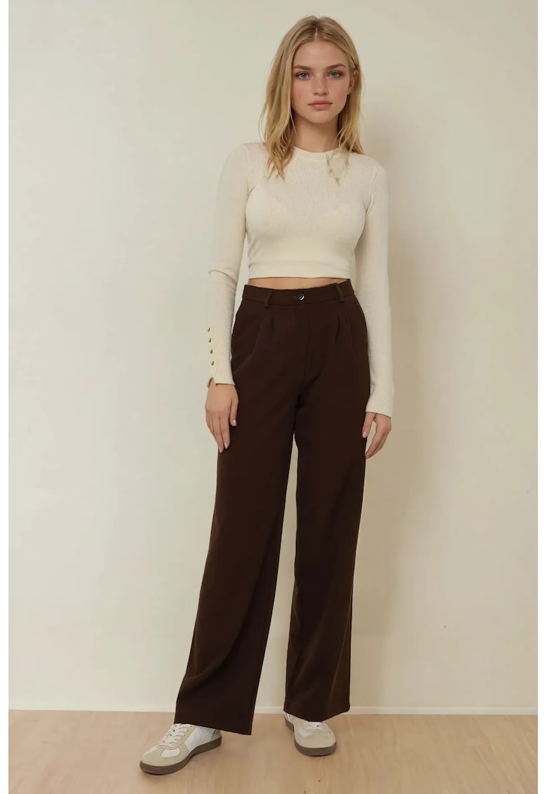 Pantaloni dama - casual - croiala larga - maro - poliester-elastan