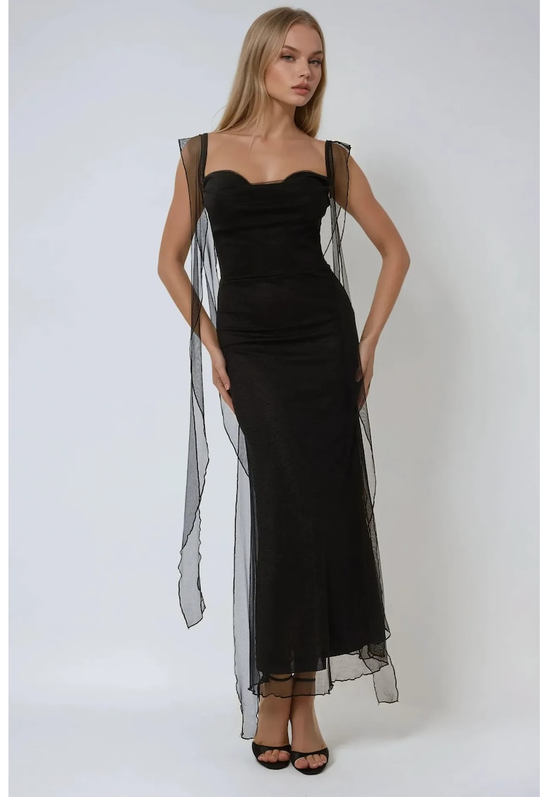 Rochie maxi mulata guler inima - volane - neagra