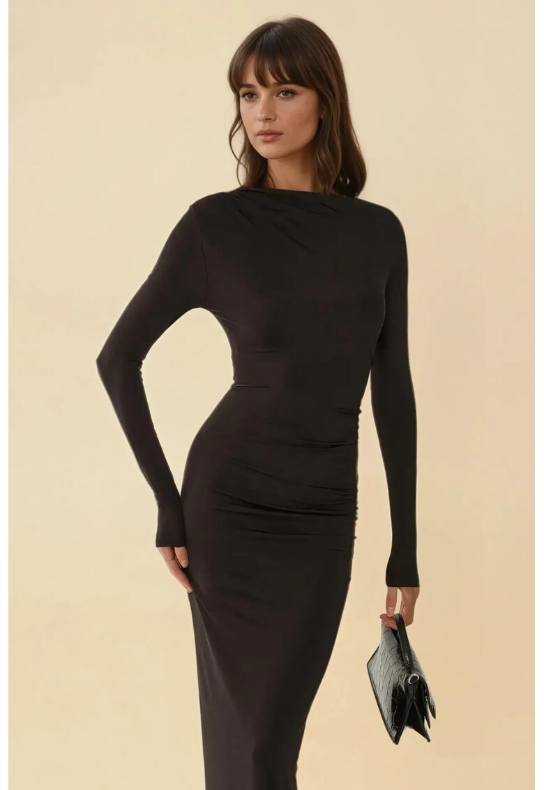 Rochie maxi volane - guler rotund - negru - jerseu