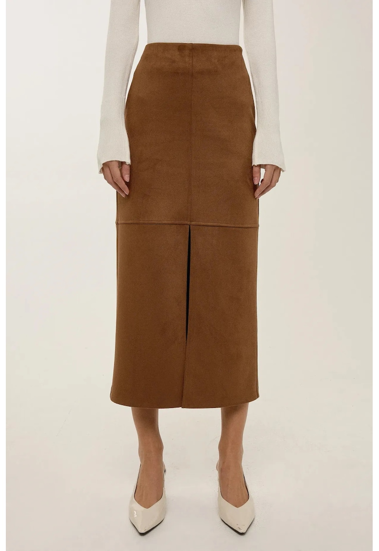 Fusta midi dama - piele intoarsa - cu crapatura - maro