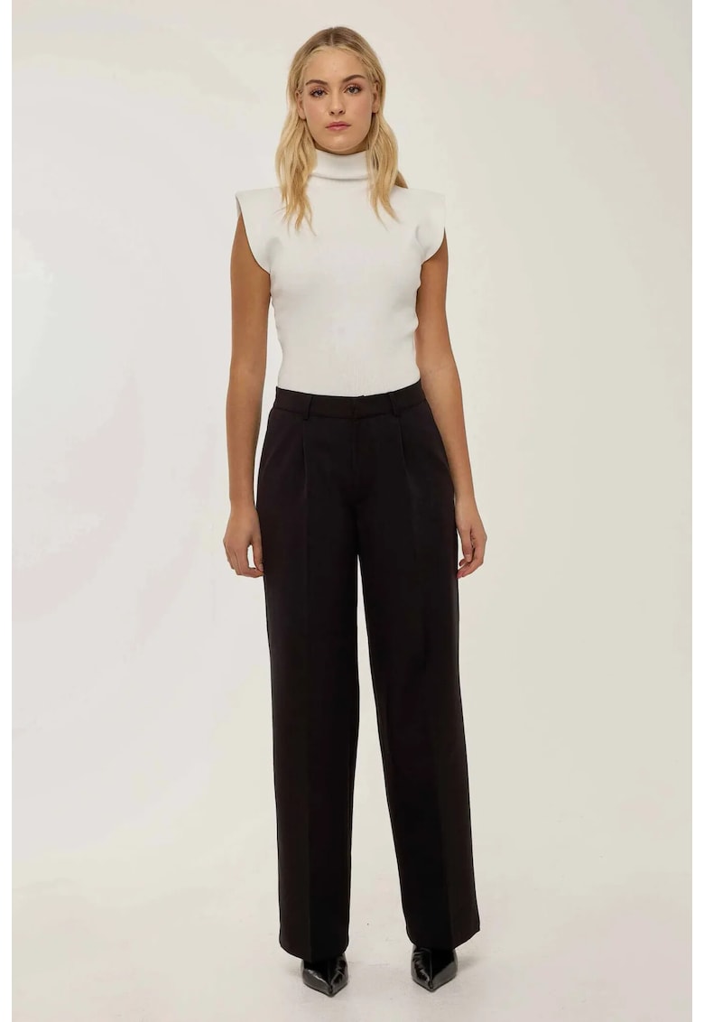 Pantaloni dama - drepti plisati - negri - poliester-elastan