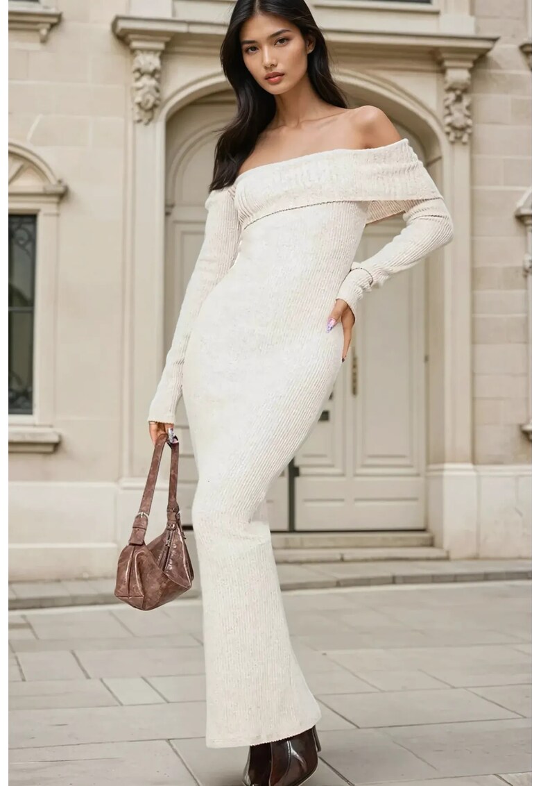 Rochie maxi bodycon - umeri goi - bej - tricot